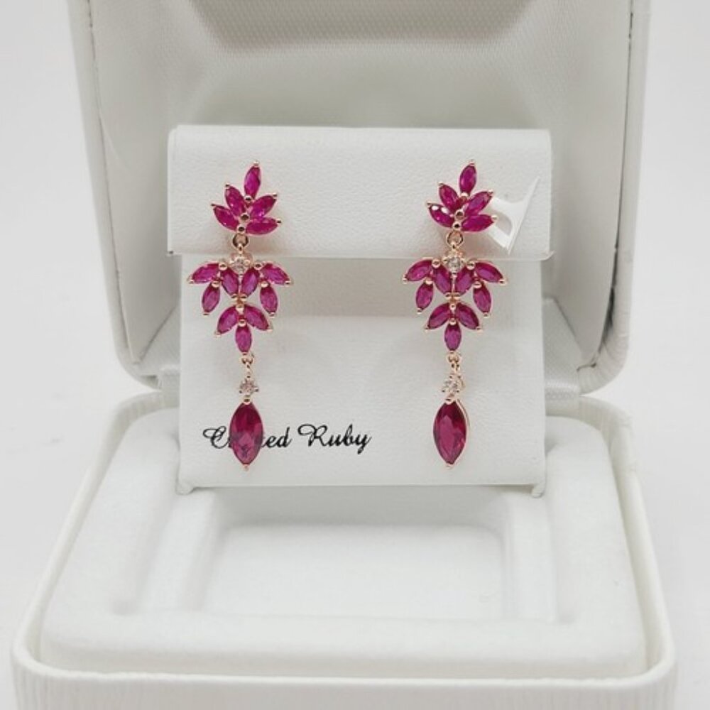 14KT Rose Gold Over Silver Ruby & White Sapphire Flower Earrings $250